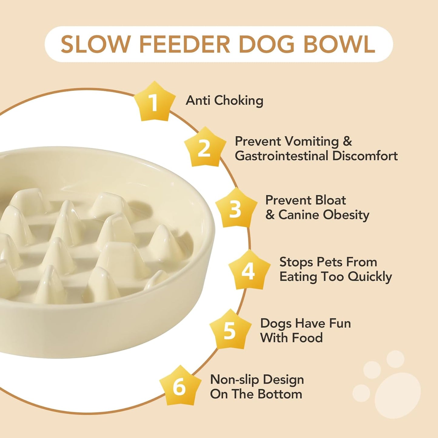 Ceramic 9.5 inch Dog Bowl Slow Feeder, Slow Pet Food Dish for Large Dog, Stop Bloat, Preventing Choking(Single Bowl, Beige)