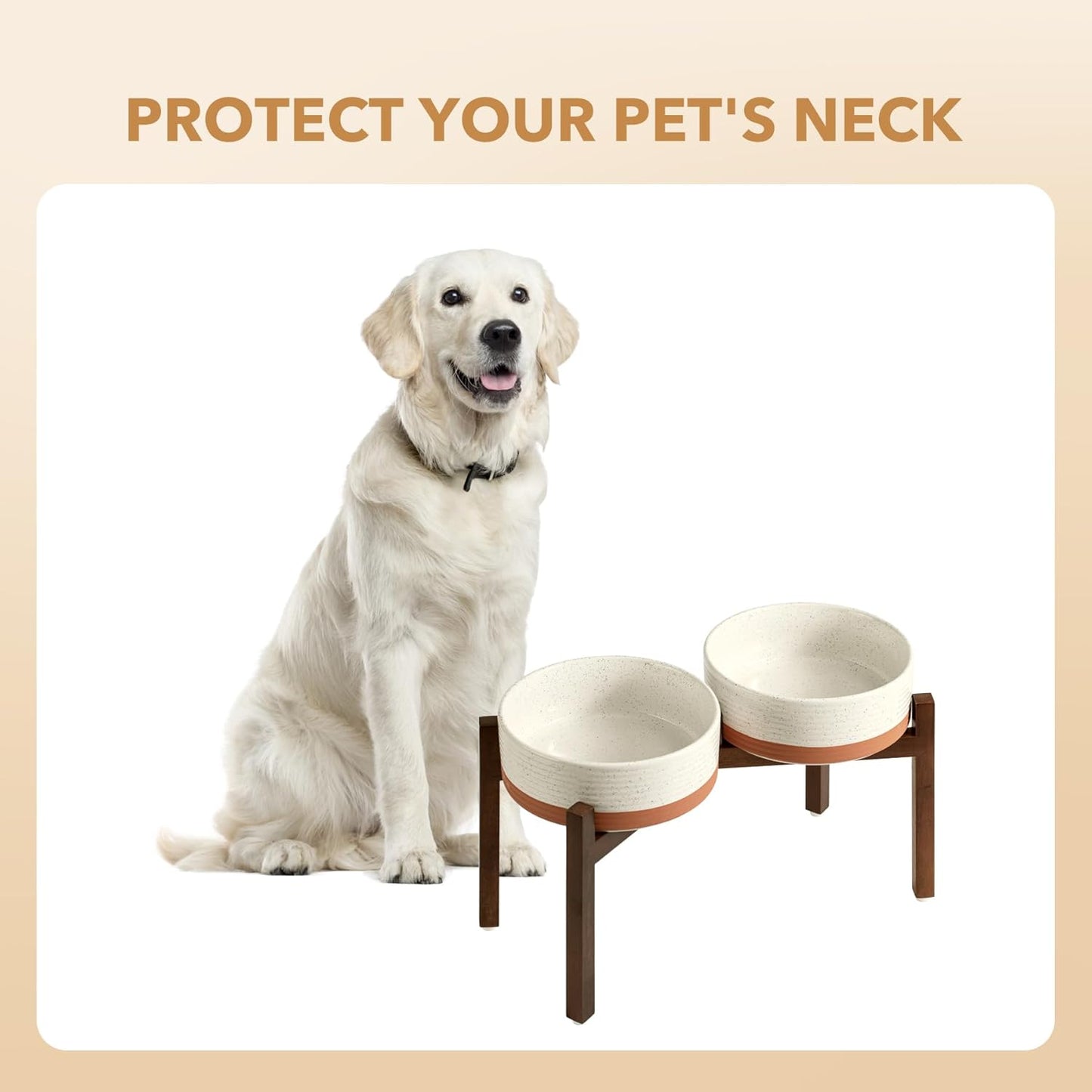 Ceramic 8.2inch Raised Double Dog Bowls Set with Acacia Wood Stand, Food & Water Bowls for Large Breed Dogs, Weighted Pet Dishes(60oz, Vanilla White)