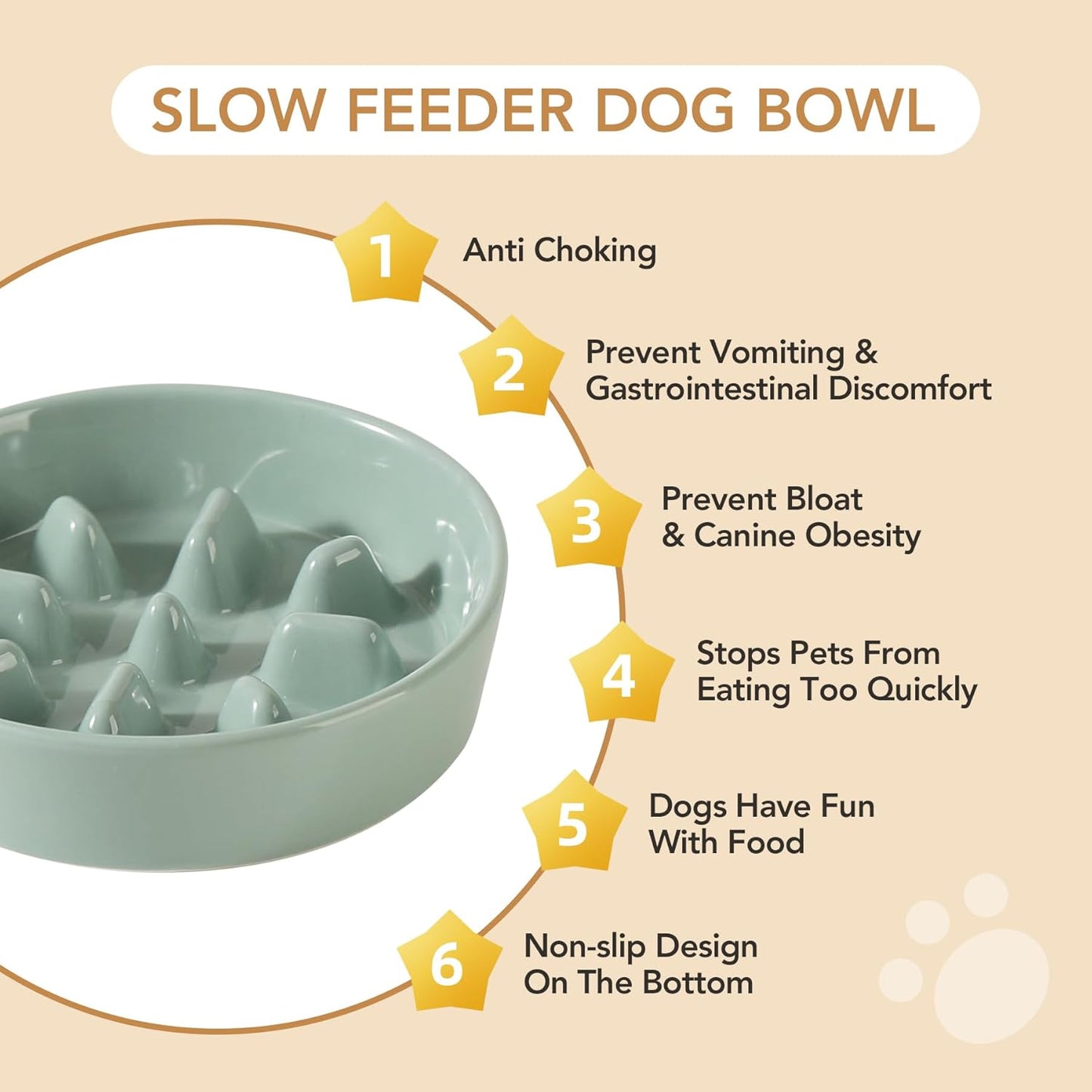 Ceramic 6.1inch Dog Bowl Slow Feeder, Slow Pet Food Dish for Small Dog and Cat, Stop Bloat, Preventing Choking(Single Bowl, Light Green)