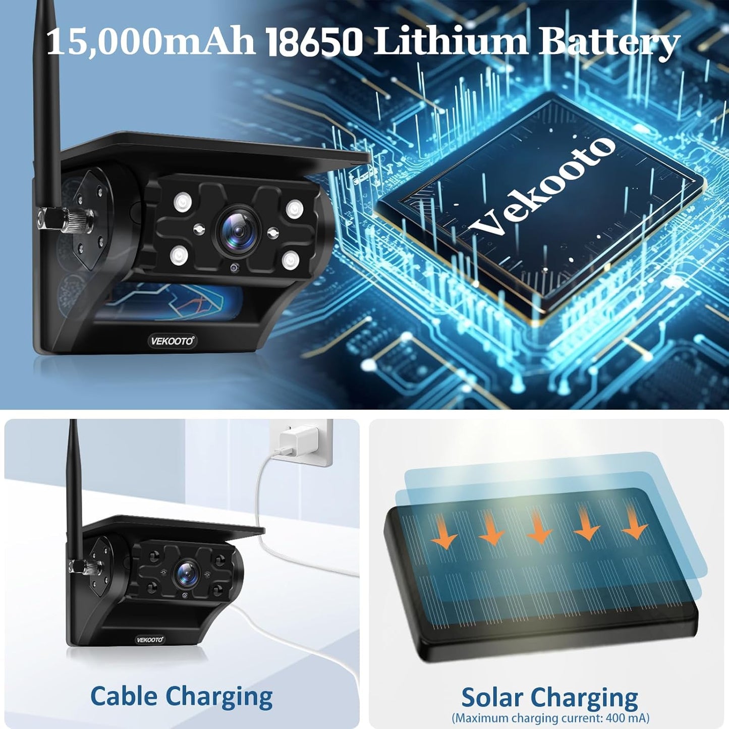 2 Magnetic Solar Wireless Backup Camera with 7'' IPS Touchscreen, 15,000mAh Rechargeable, Auto Sleep, No Wiring, 1080P Night Vision Wireless Backup Camera for Trucks, RV, Trailer, Camper VEKOOTO VK7-2