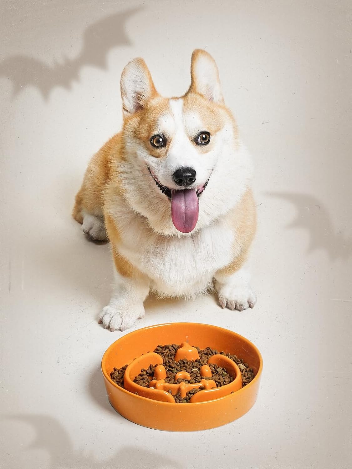 LE TAUCI Ceramic Puzzle Feeder Bowl Raised 1.5 Cup with Wood Stand for Small Medium Dog & Puppy, Fast Eating Food Dish,Pumpkin Orange