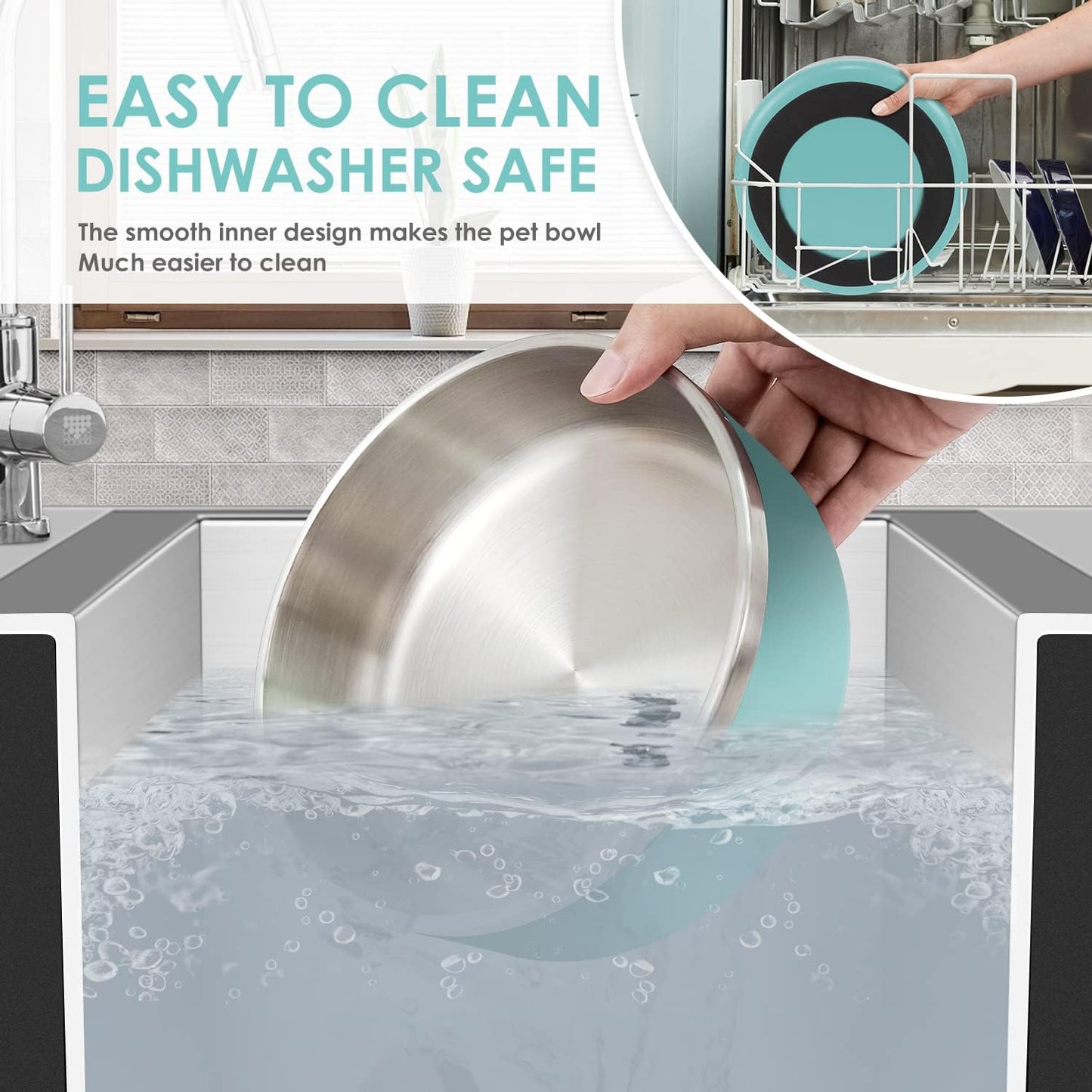 IKITCHEN Dog Bowl for Food and Water, 40 Oz Stainless Steel Pet Feeding Bowl, Durable Non-Skid Double Wall Insulated Heavy Duty with Rubber Bottom for Medium Large Dogs (40 Ounces/5 Cup, MintGreen)