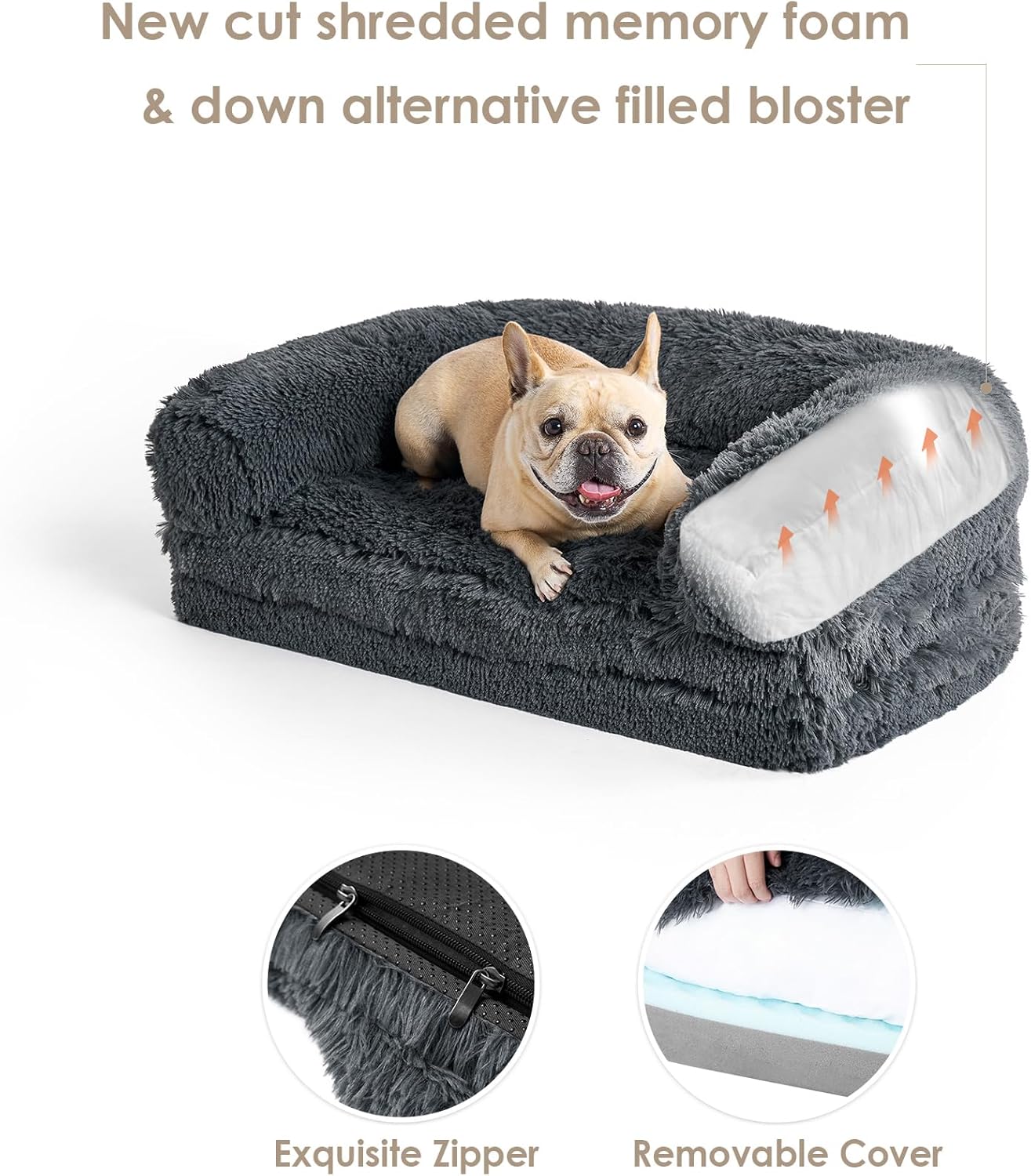 EHEYCIGA Foldable L Dog Bed, Faux Fur Fluffy Dog Couch Bed, Orthopedic Calming Memory Foam L Pet Bed for Large Dogs, Washable Soft Warm Pet Sofa Bed with Non-Slip Bottom, Dark Grey, 40"x30"x6"