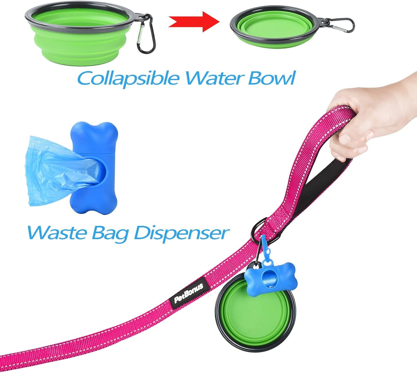 PetBonus Double Dog Leash, No Tangle Dual Leash, Reflective Walking Training Lead, 4 Comfortable Padded Handles for 2 Dogs with Collapsible Bowl and Waste Bags (Pink, Large)