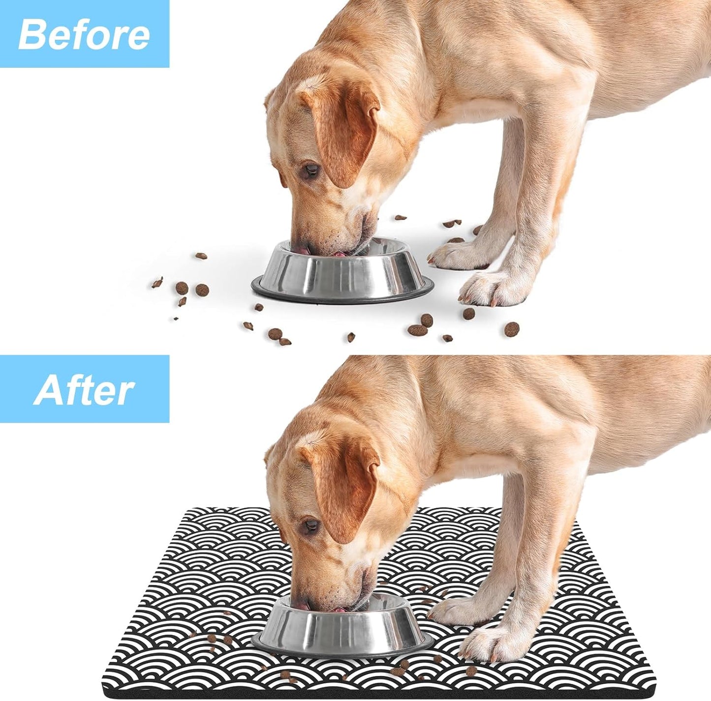 Rnivvi Dog Food Mat, 16" x 24" Absorbent Dog Cat Bowl Mat for Food and Water, Cute Anti-Slip Rubber Pet Feeding Rug Protect Floors, Puppy Placemat for Feeding & Watering Supplies,Gray Rounded Wave