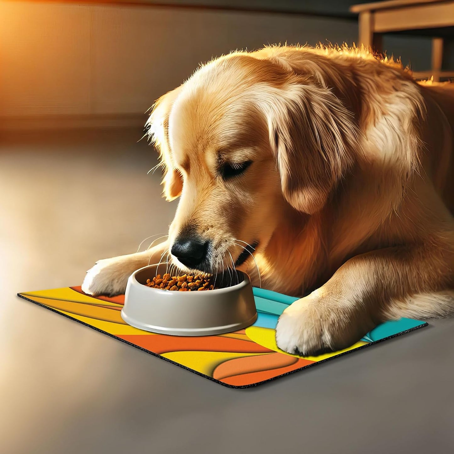 Lunarable Sun Pet Mat for Food and Water, Abstract Sunset and Sunrise Concept Ocean Sea Waves Backdrop, Non-Slip Rubber Mat for Dogs and Cats, 18" X 12", Turquoise Orange