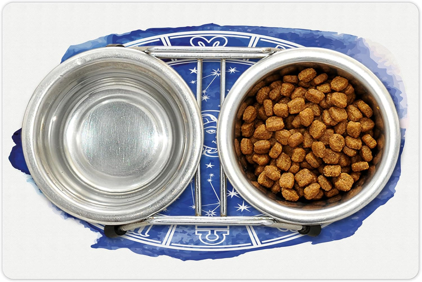 Lunarable Sun and Moon Pet Mat for Food and Water, Zodiac Circle Watercolor Backdrop Astrology Divination Fantasy Mystic, Non-Slip Rubber Mat for Dogs and Cats, 18" X 12", Blue White