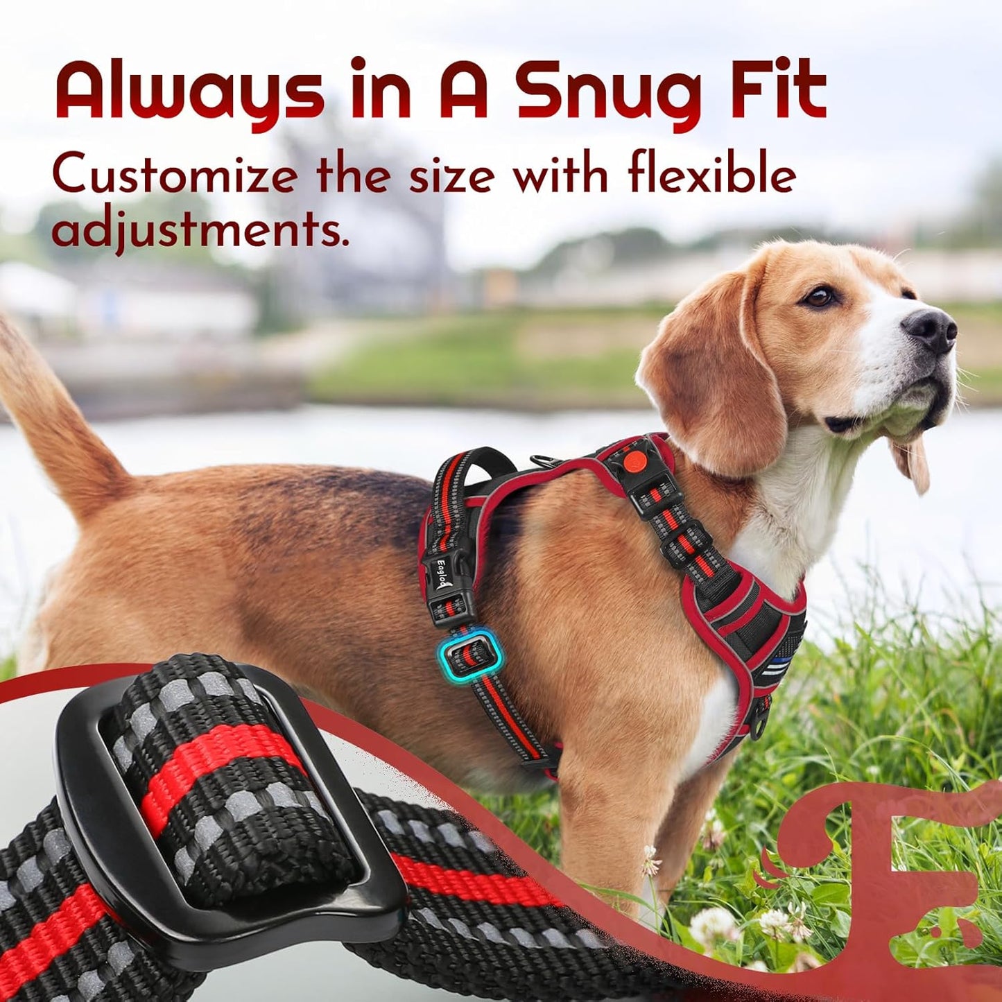 Eagloo Dog Harness Medium Sized, Easy Wearing with 3 Buckles, Adjustable No Pull Pet Harness with 2 Rings for Walking, No Chock Reflective Soft Padded Vest with Control Handle, Black & Red, M