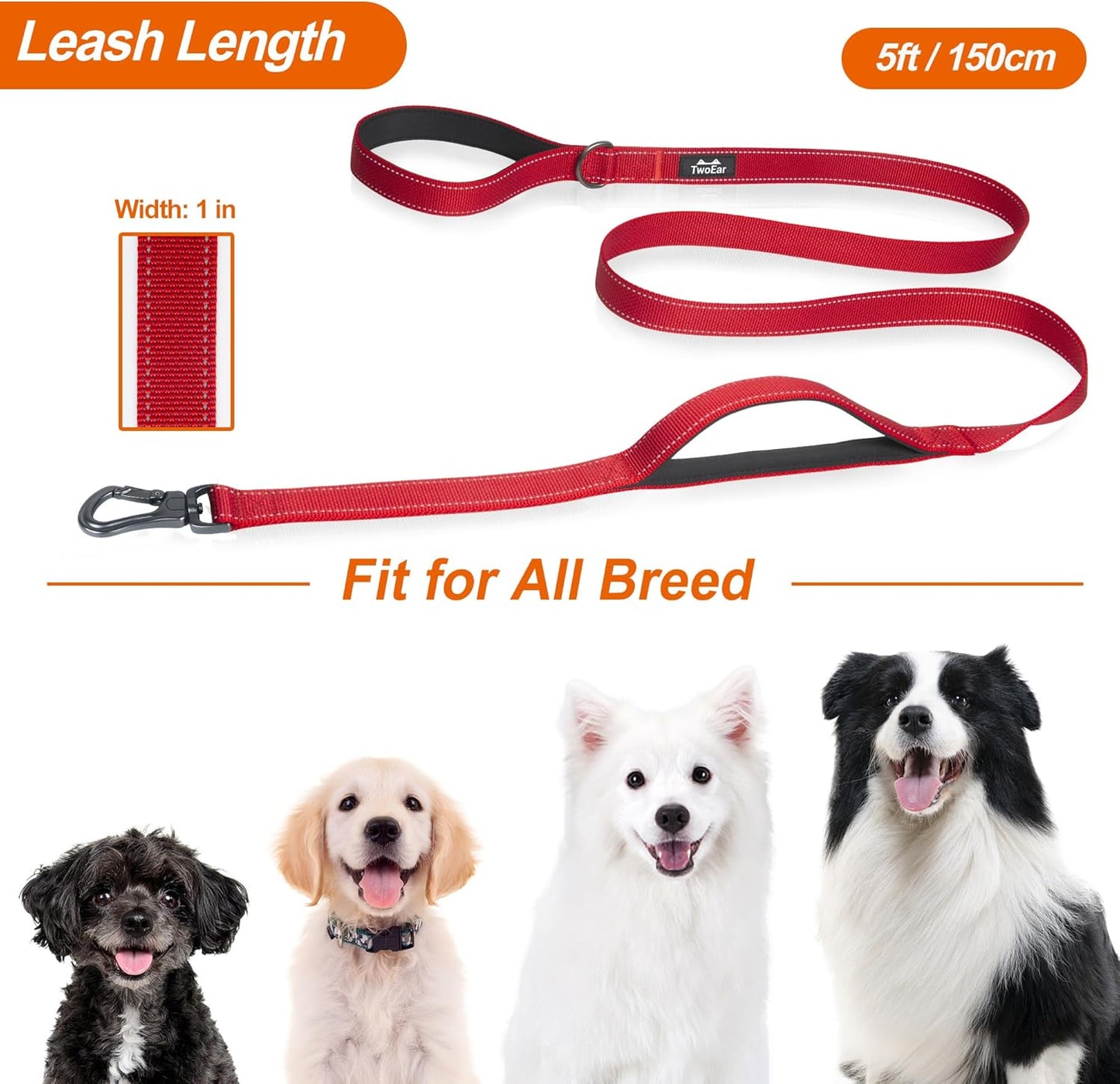 TwoEar 5FT 1IN Strong Red Dog Leash with 2 Padded Handles, Traffic Handle Extra Control, Comfortable Soft Dual Handle, Auto Lock Hook, Reflective Walking Lead for Small Medium and Large Dogs