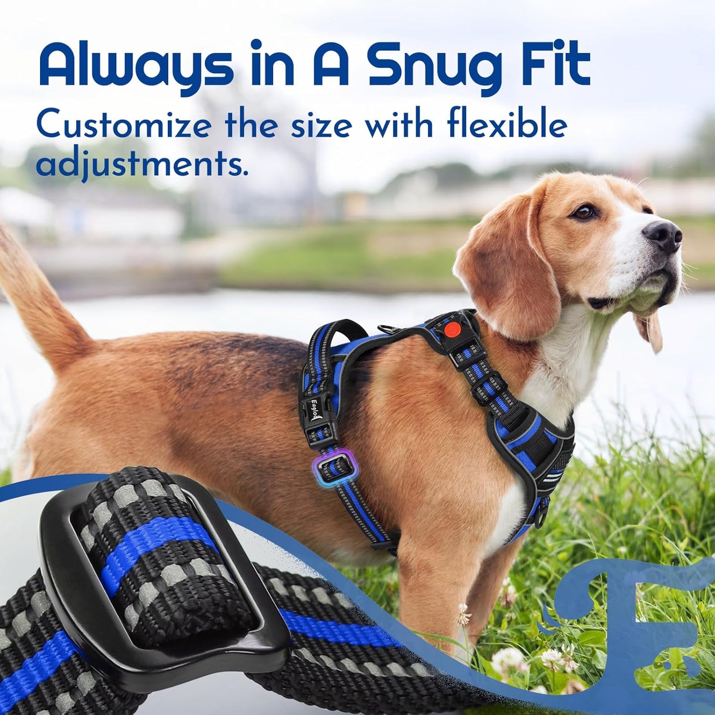 Eagloo Dog Harness Small Sized, Easy Wearing with 3 Buckles, Adjustable No Pull Pet Harness with 2 Rings for Walking, No Chock Reflective Soft Padded Vest with Control Handle, Blue & Black, S