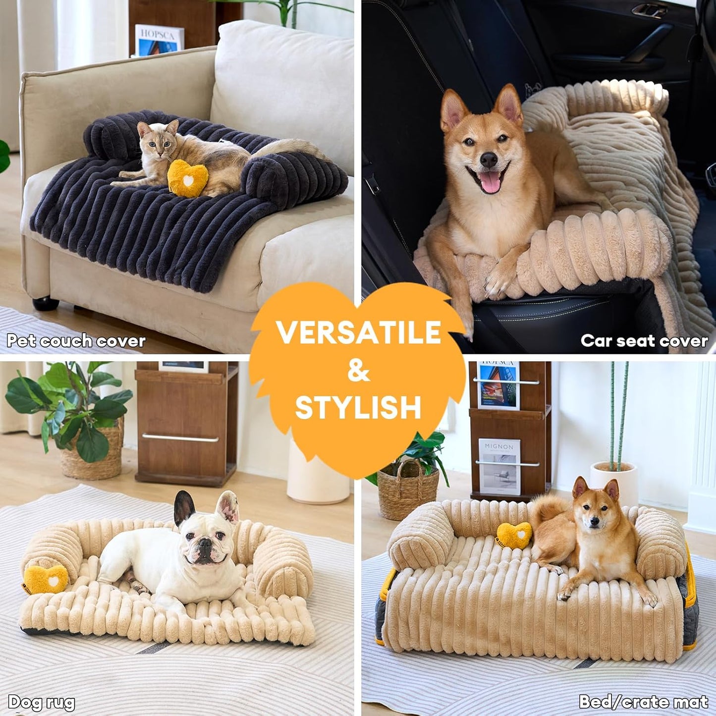 FUNNY FUZZY Pet Couch Cover for Sofa, Calming Dog Bed for Couch, Fluffy Plush Dog Couch Mat for Furniture Protector for Medium Dogs and Cats, 33×28 in, Khaki