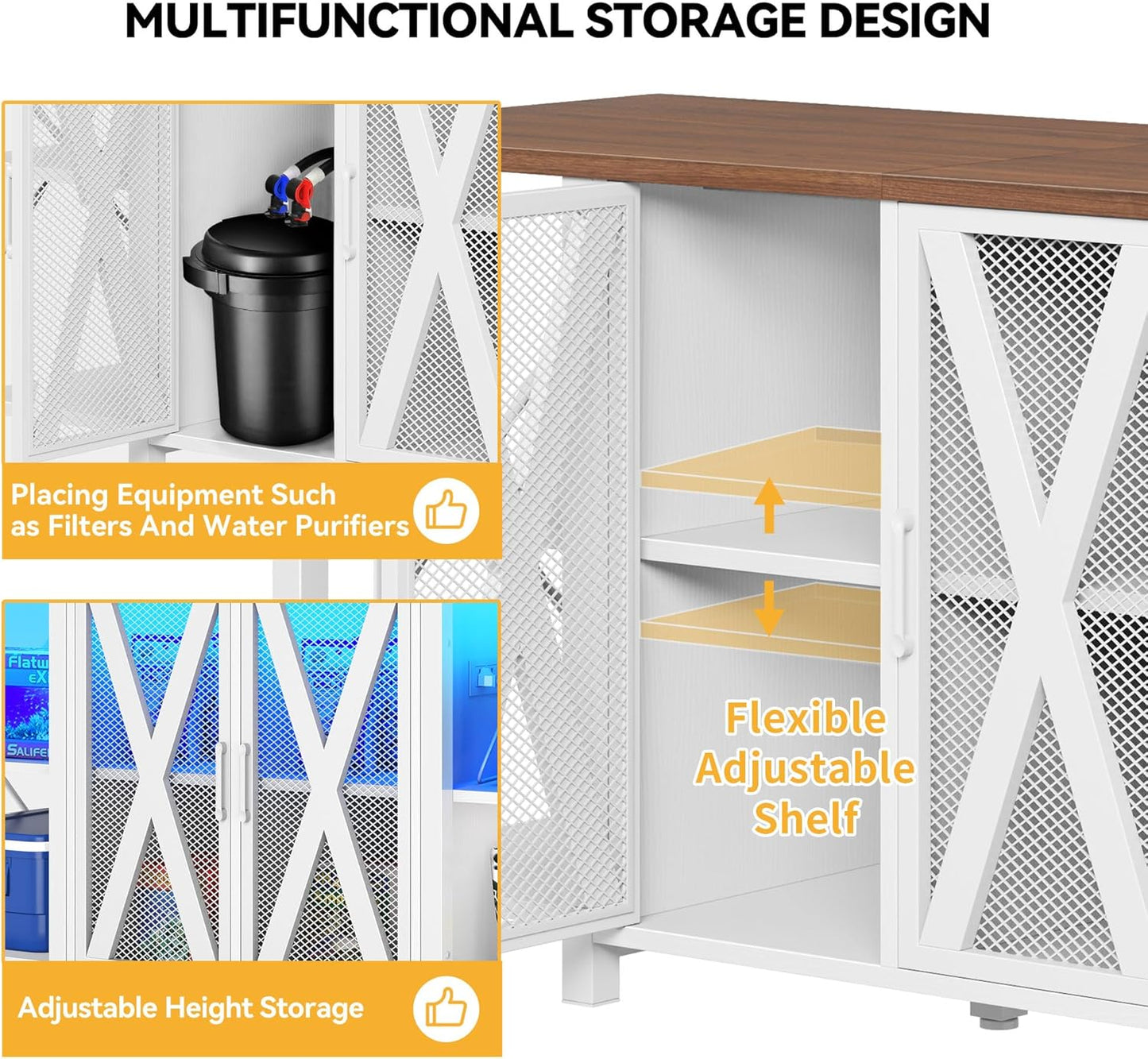 DWVO 75-120 Gallon Aquarium Stand with Power Outlet & LED Light, Cabinet for Accessories Storage - Heavy Duty Metal Fish Tank Stand Suitable for Turtle Tank, Reptile Terrarium, 2000LBS Capacity, White