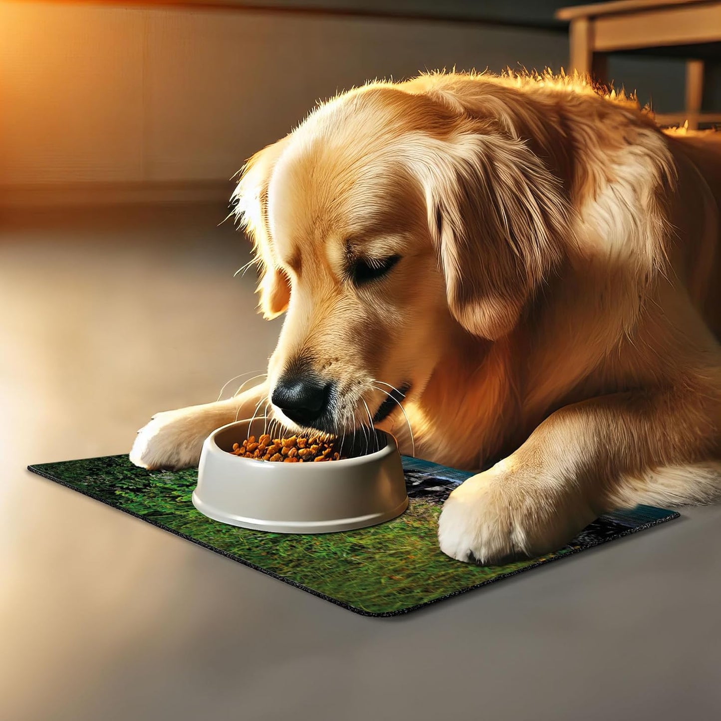 Lunarable Cabin Pet Mat for Food and Water, Grizzly Brown Bear in Lake Alaska Untouched Forest Jungle Wildlife Image, Non-Slip Rubber Mat for Dogs and Cats, 18" X 12", Brown Green