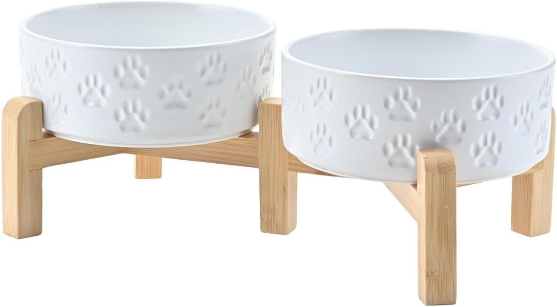 SPUNKYJUNKY Elevated Dog Bowls Ceramic, 5.1'' Dogs and Cat Food Water Bowls Raised with Non-Slip Bamboo Stand for Puppy Small Sized Breed Microwave Dishwasher Safe - 13.5 OZ,Paw White