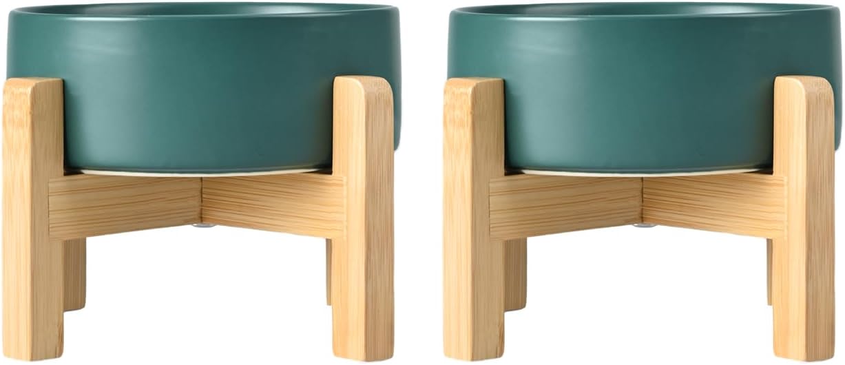 SPUNKYJUNKY Ceramic Elevated Dog Bowls 2 Pack - 5.1inch Raised Dog Bowls with Non-Slip Wooden Stand for Small Dogs Dishwasher Safe(Green,13.5OZ*2)