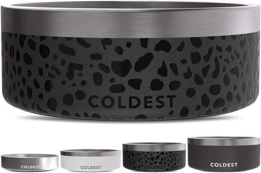 Coldest Dog Bowl - Anti Rust Metal, Non Slip, 3 Layers Insulated Stainless Steel Dog Bowls - Spill Proof & Heavy Duty - Water Bowl for Dogs, Cats & Pets, Dish Washer Safe (64 oz, Black Leopard)
