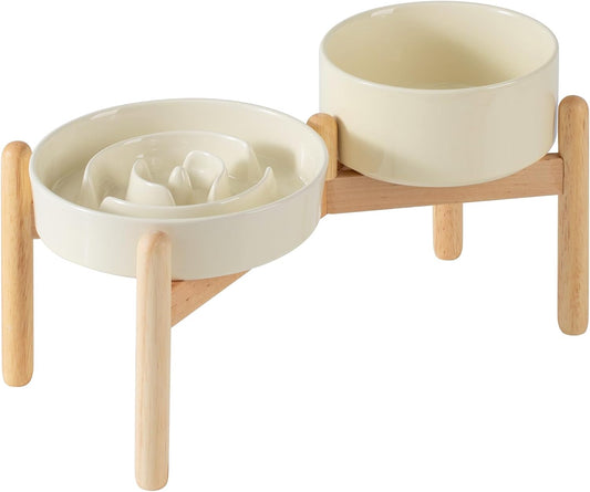 Ceramic Raised Slow Feeder Dog Bowl Set, Elevated 6.1inch Bowl and 7.3inch Puzzle Slow Food Dish with Wooden Stand for Small and Medium Dog, Anti-Gulping (2X Beige+ Stand)