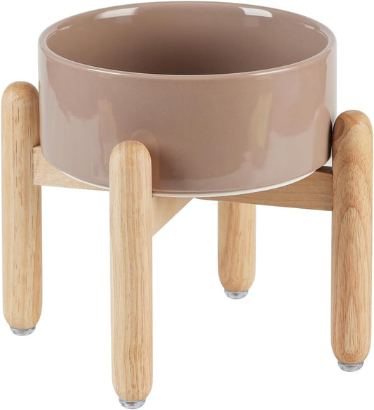 Ceramic 7.3inch Raised Dog Bowl Set, Elevated with Wooden Stand, Food and Water Bowl for Medium Breed Dogs, Weighted Dog Dishes, Pet Feeder(Brown Coffee)