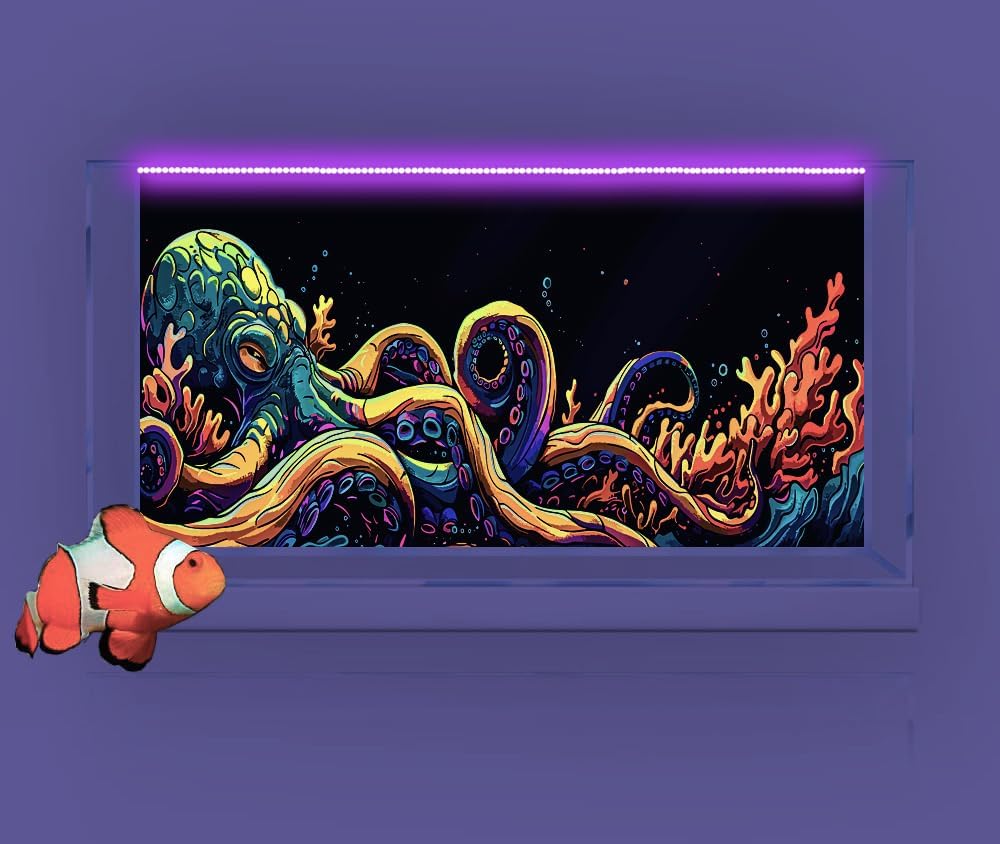 48X20IN Blacklight Octopus Sea Monster HD 3D Black Light Aquarium Background UV Reactive Background Terrarium Background with 10 EVA Double-Sided Tape