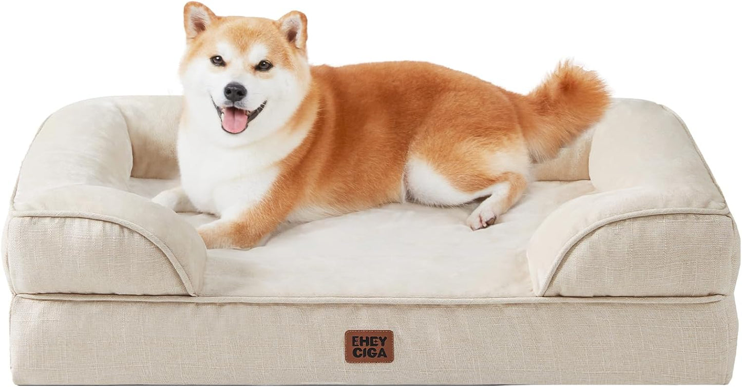 EHEYCIGA Orthopedic Dog Beds for Large Dogs, Waterproof Memory Foam Large Pet Bed with Sides, Non-Slip Bottom and Egg-Crate Foam Dog Couch Bed with Washable Removable Cover, Beige