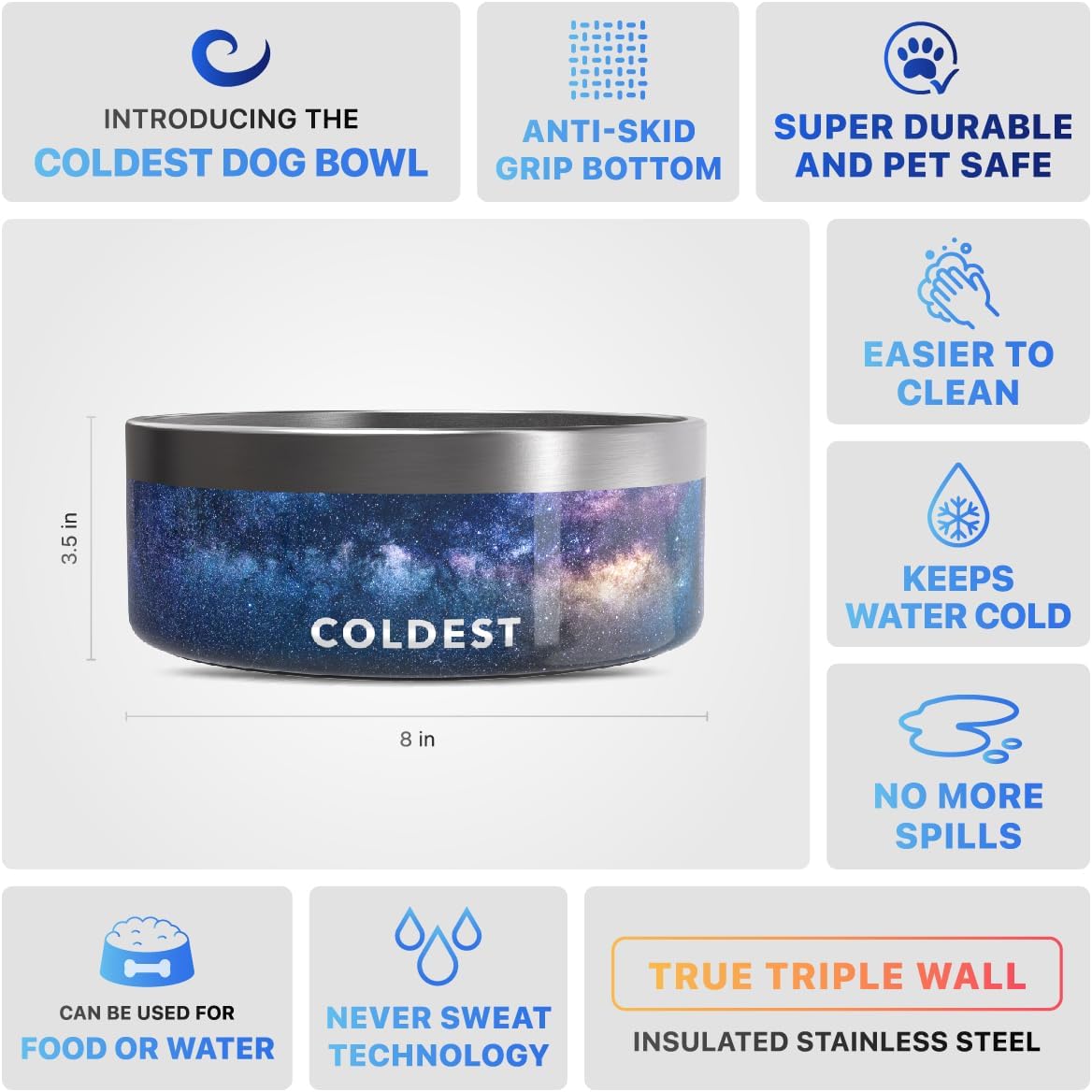 Coldest Dog Bowl - Anti Rust Metal, Non Slip, 3 Layers Insulated Stainless Steel Dog Bowls - Spill Proof & Heavy Duty - Water Bowl for Dogs, Cats & Pets, Dish Washer Safe (64 oz, Into The Beyond)