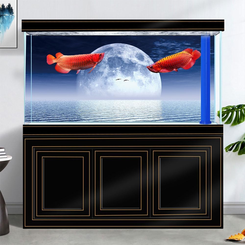Moon Aquarium Background,Cool Sea Galaxy Parallel Space Themed Fish Tank Background, Cool Terrarium Background 72X16IN with 8 EVA Double-Sided Tape