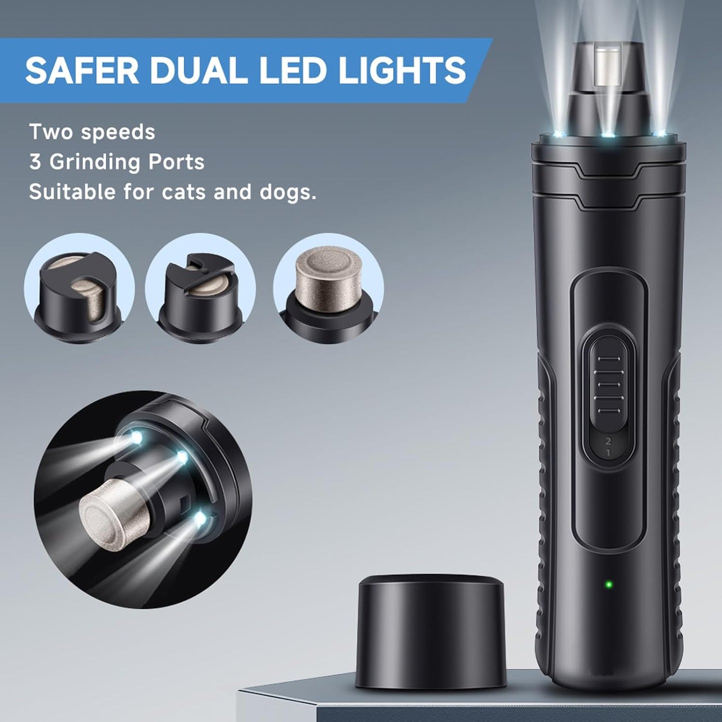 Dog Nail Grinder Quiet 2-Speed Pet Nail Grinder with 3 Led Lights and 3 Ports Rechargeable Electric Dog Nail Trimmer for Large and Small Dogs/Cats and Small Animals Safe (Black)