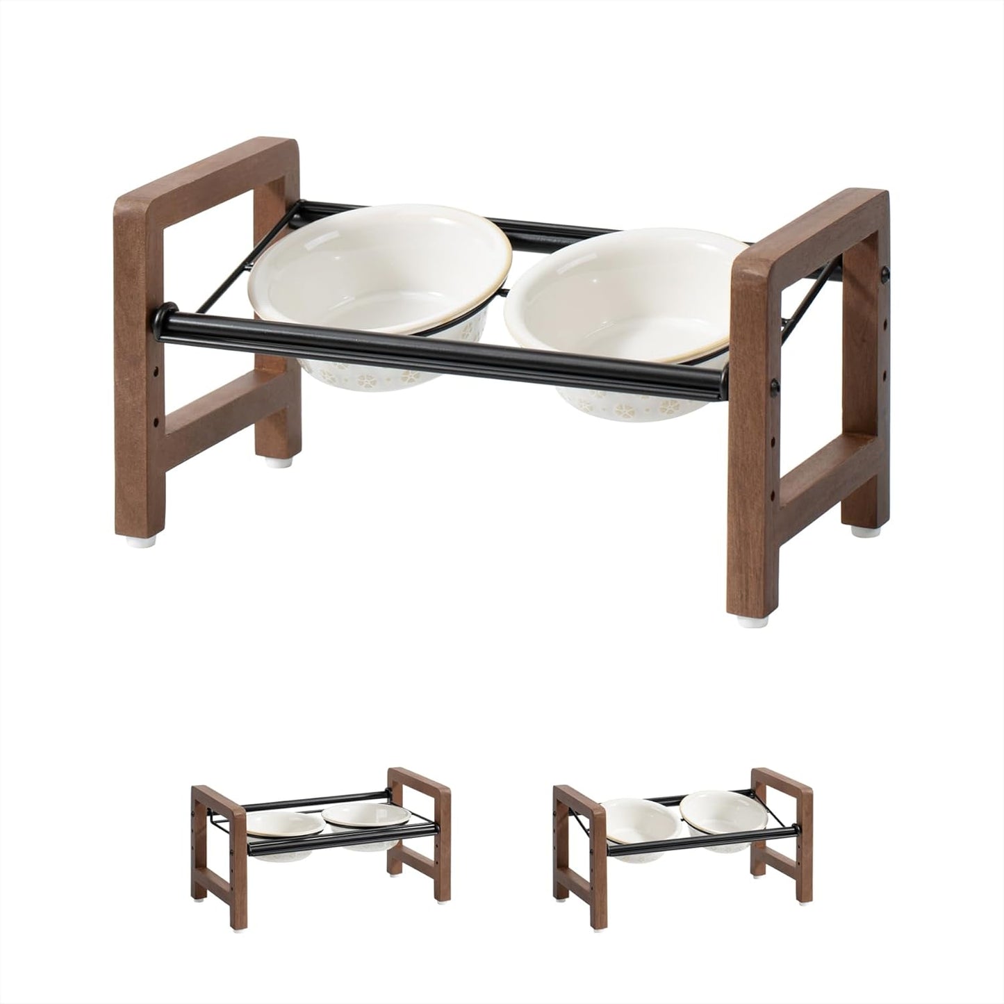 5.5inch Ceramic Adjustable Raised Double Bowls Set with Stand, 3 Heights Elevated, 2 Placement Options,Food and Water Dishes for Puppy, Cats（Double Bowls+Stand, Reactived Glaze -White