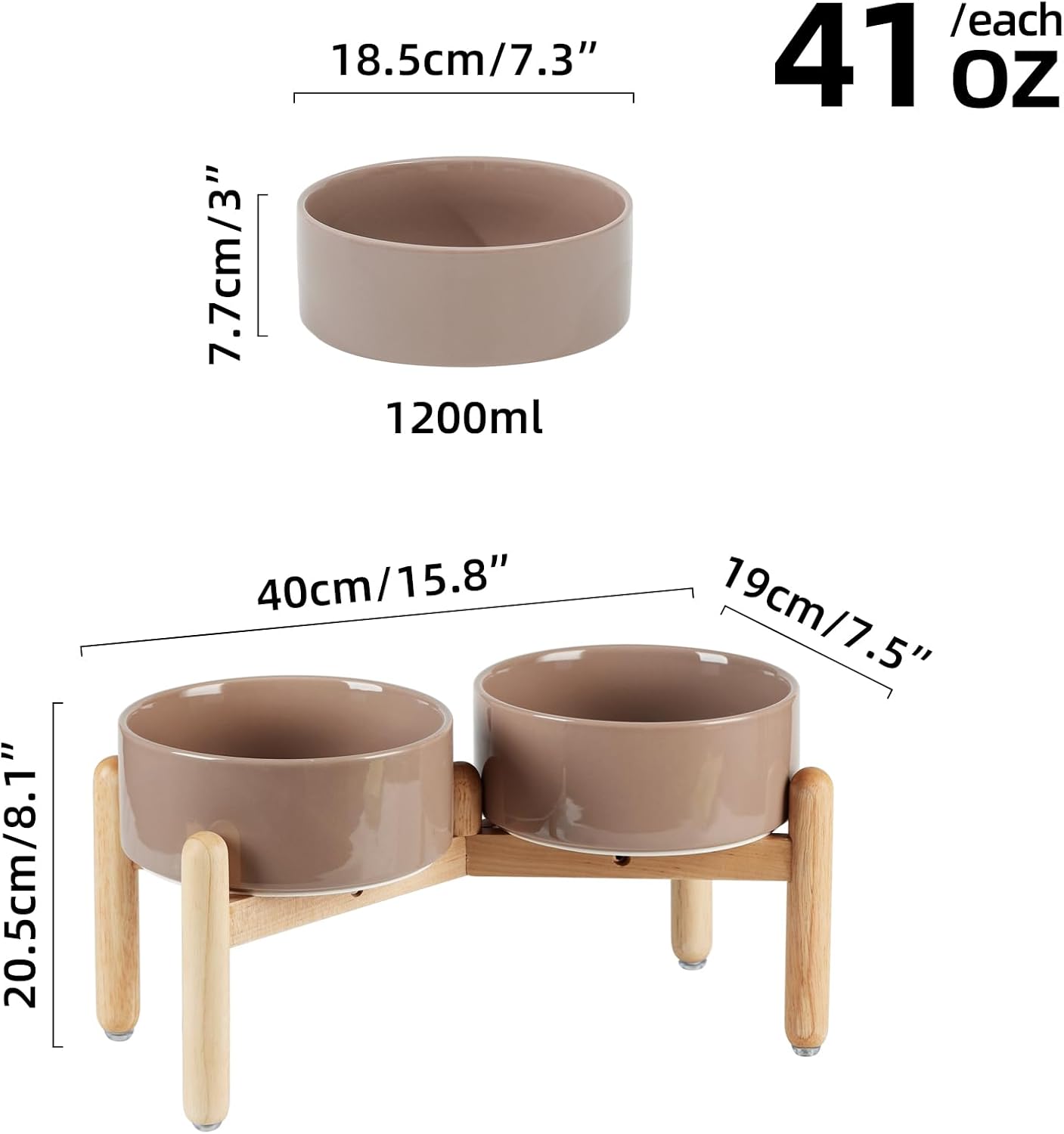 Ceramic 7.3inch Raised Double Bowls Set with Wooden Stand, Food & Water Bowls for Medium Breed Dogs, Weighted Dog Dishes, Pet Feeder(Brown Coffee)