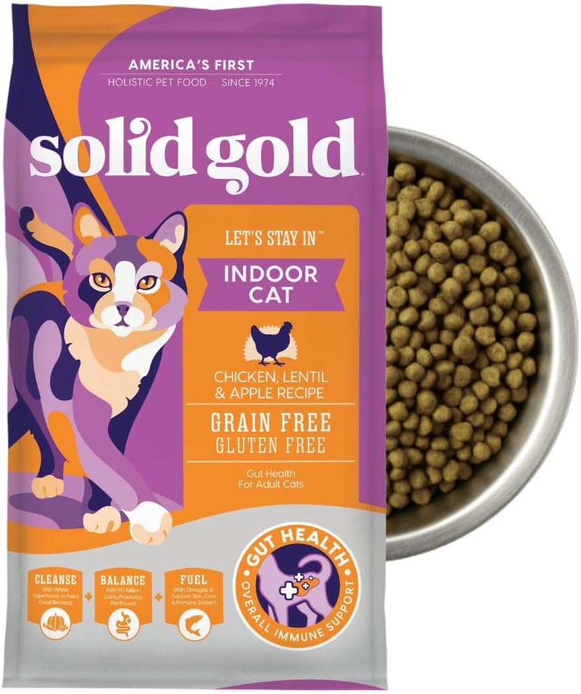 Solid Gold Indoor Dry Cat Food - Grain Free & Gluten Free - Chicken Cat Food Dry Kibble for Indoor Cats w/Probiotics & Fiber for Gut Health - Sensitive Stomach & Hairball Support for Adult Cats - 6LB