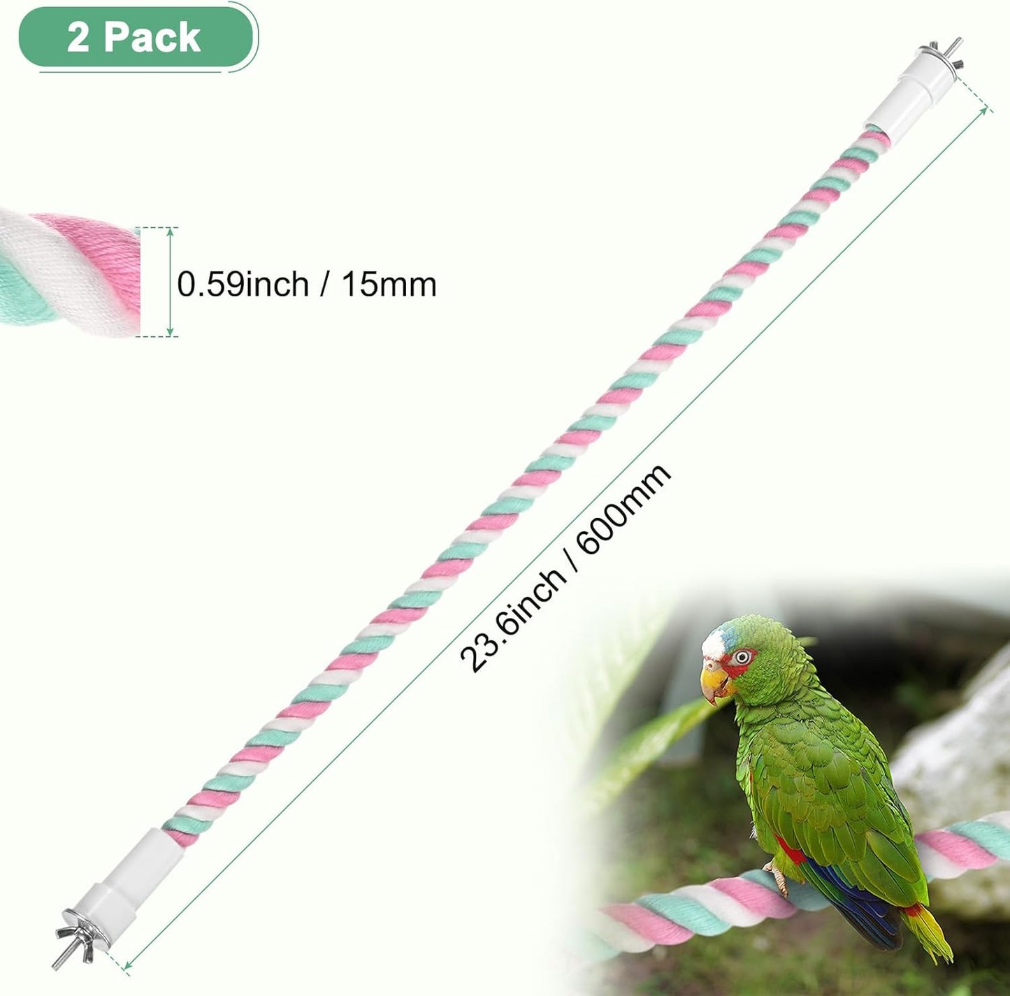 2-Pack Rope Perches for Bird Cages, 23.6 in Length Comfort Grip Flexible Rope Perch Beak & Paw Grinding for Parrots/Cockatiels/Parakeets, Bird Platform Sand [Pink Cyan]