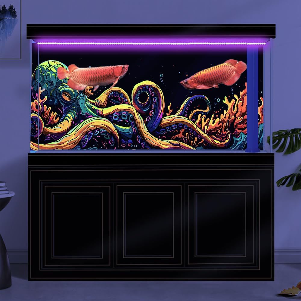 36X18IN Blacklight Octopus Sea Monster HD 3D Black Light Aquarium Background UV Reactive Background Terrarium Background with 10 EVA Double-Sided Tape