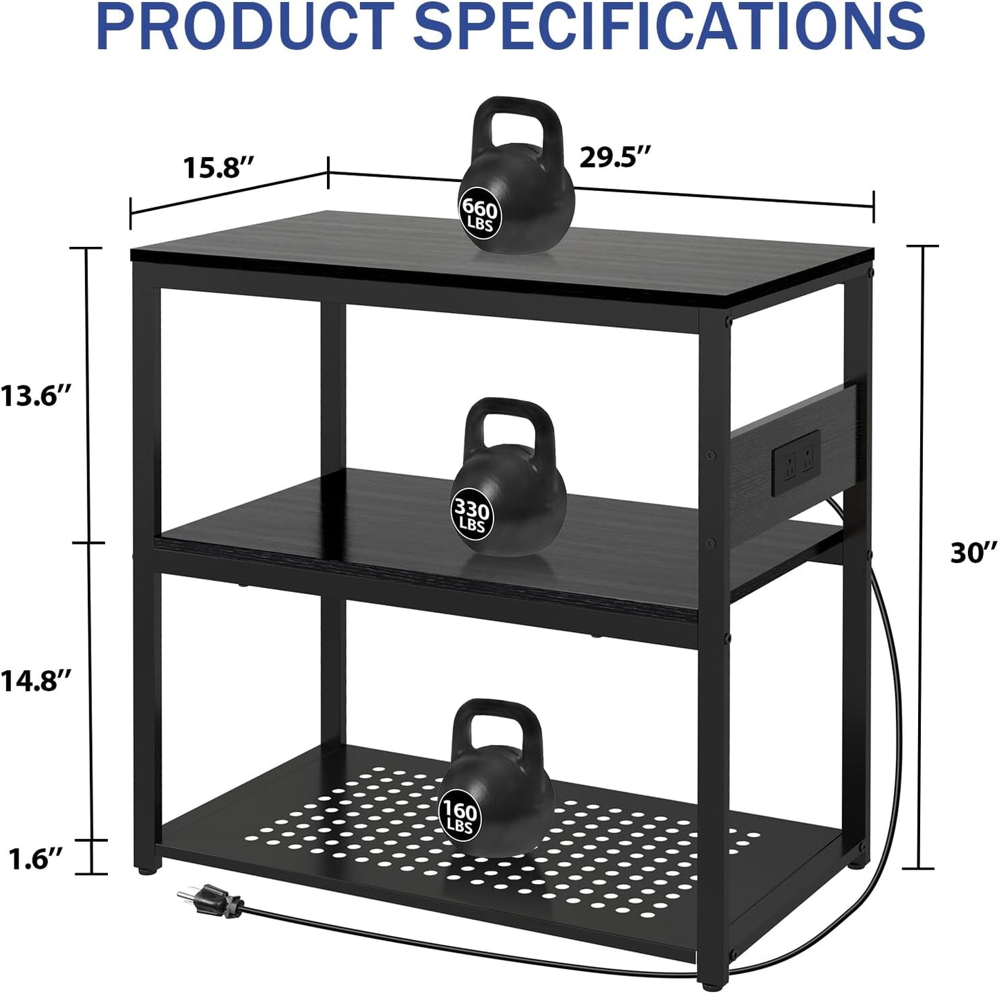 20-29 Gallon Fish Tank Stand with Power Outlets, 3-Tier Metal Aquarium Stand, Breeder Reptile Tank Stand with Shelf for Home Office, 660LBS Capacity, 29.5 x 15.8 x 30.1 inches, Black