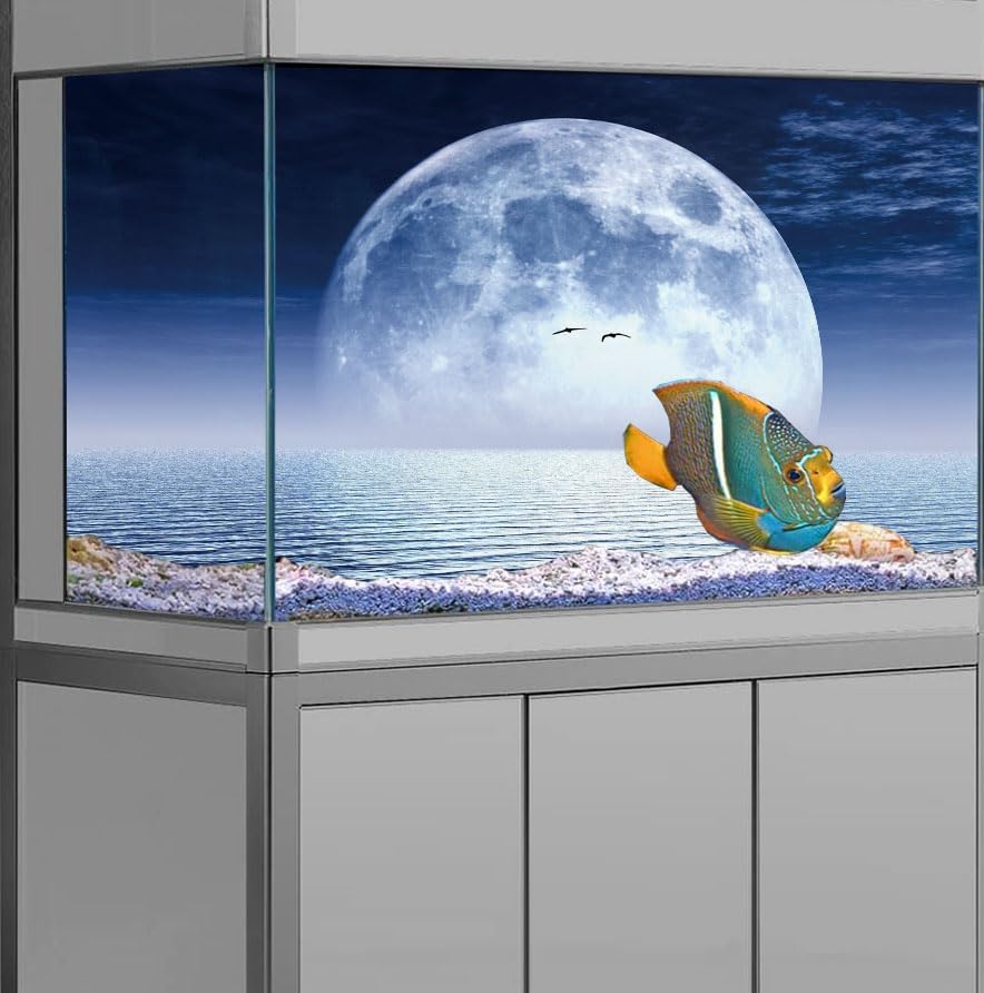 Moon Aquarium Background,Cool Sea Galaxy Parallel Space Themed Fish Tank Background, Cool Terrarium Background 48X20IN with 8 EVA Double-Sided Tape