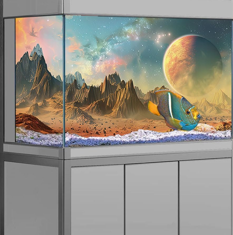 Cosmic Aquarium Background,Cool Galaxy Parallel Space Themed Fish Tank Background, Tropical Desert Terrarium Background 30X18IN with 8 EVA Double-Sided Tape