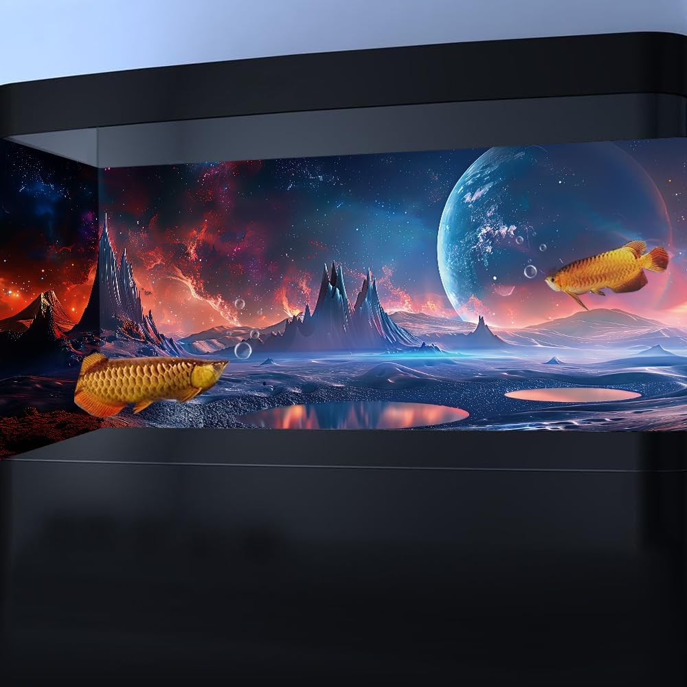 Scarlet Cosmic Aquarium Background,Cool Galaxy Parallel Space Themed Fish Tank Background, Tropical Desert Terrarium Background 48X18IN with 8 EVA Double-Sided Tape