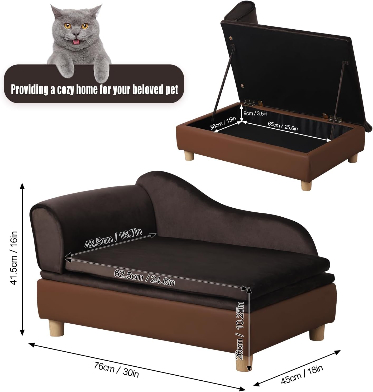 Pet Bed Sofa, Puppy Bed with Storage, Small Dog Couch with Removable & Washable Cushion, Comfy Pet Couch Bed for Cats & Puppy (Brown)