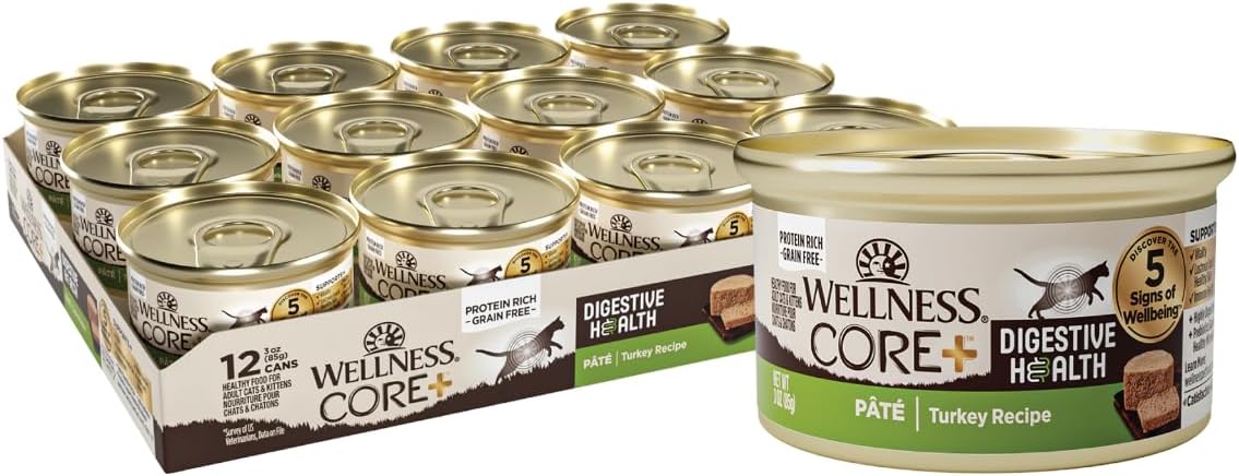 Wellness CORE+ Digestive Health Pate Adult Wet Cat Food, Natural, Protein-Rich, Grain Free, 3 Ounce, 12 Pack (Turkey)