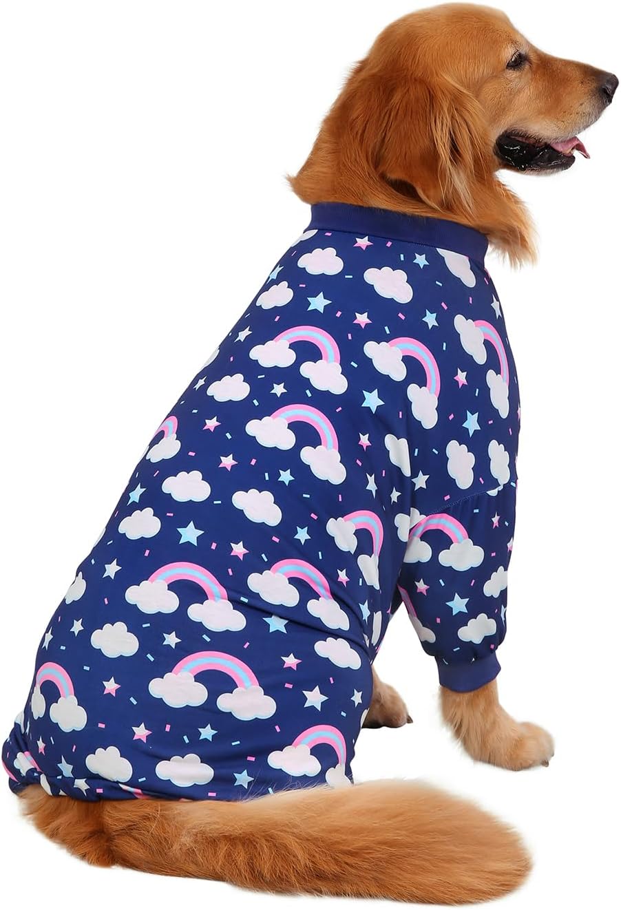HDE Dog Pajamas One Piece Jammies Jumpsuit Pet Clothes Outfit Stretchy Lightweight Comfy Shirt Pjs for M-3XL Dogs Rainbows - 2XL