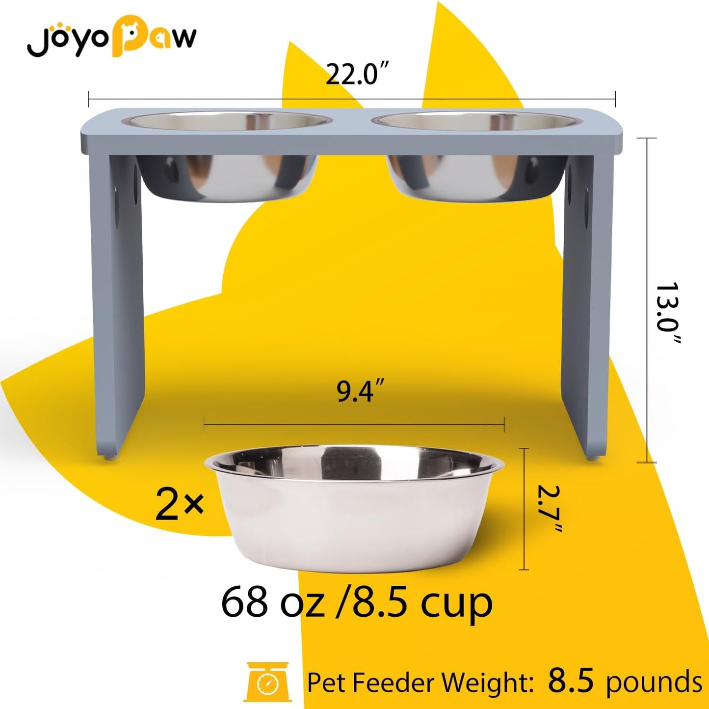 Elevated Dog Bowls, Bamboo Raised Dog Bowl for Large Dogs, with 2 Stainless Steel Bowls (13'' Tall-68oz Bowl, Grey)