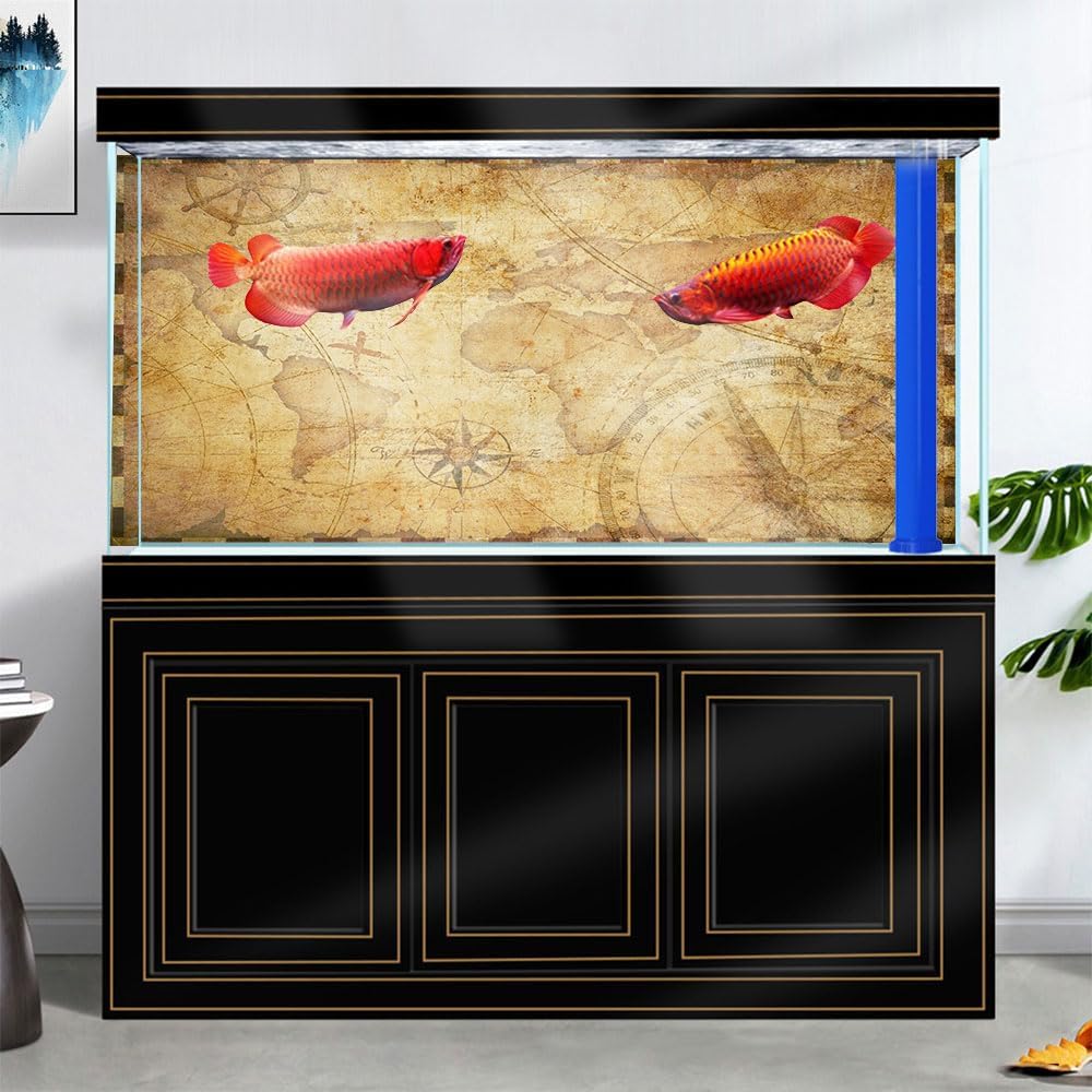 48X18IN Retro Old Travel World Map Terrarium Background, Art Parchment Pirate Treasure Map Reptile Habitat Background with 10EVA Double-Sided Tape