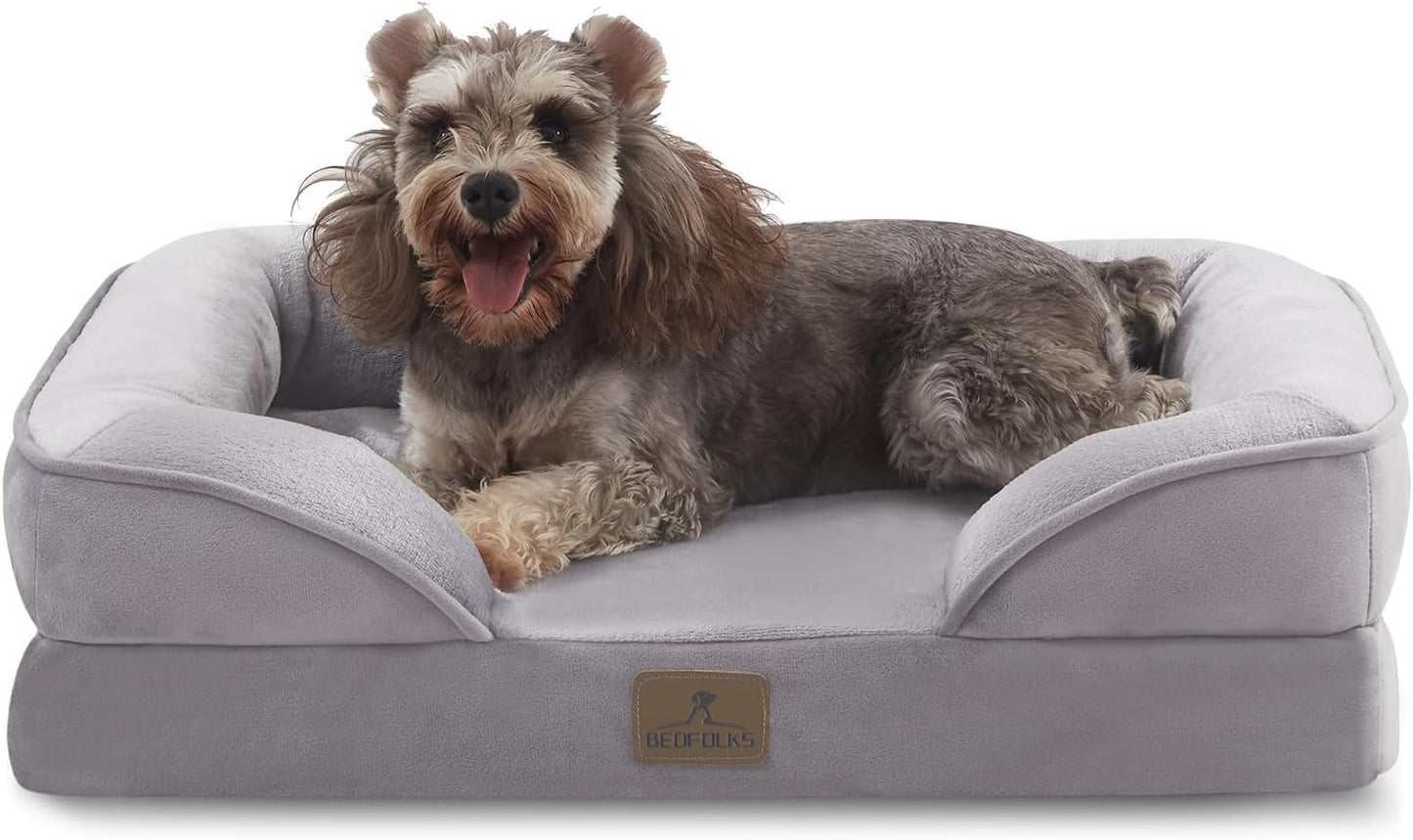 Bedfolks Orthopedic Dog Bed, Waterproof Dog Sofa Bed for Small Dogs & Cats, Egg Foam Pet Couch Bed with Removable Washable Cover and Nonslip Bottom, Light Grey