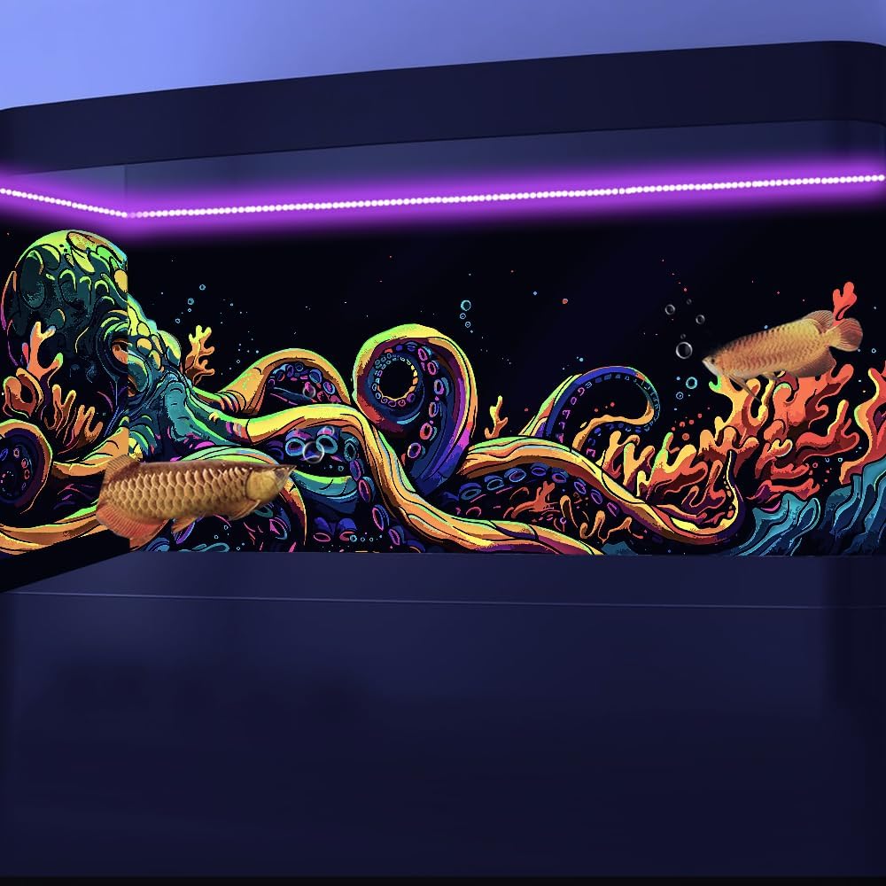 48X20IN Blacklight Octopus Sea Monster HD 3D Black Light Aquarium Background UV Reactive Background Terrarium Background with 10 EVA Double-Sided Tape