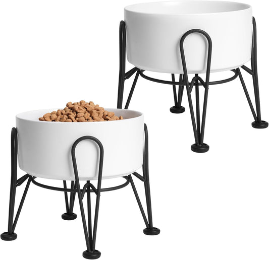 Elevated Dog Bowls, Ceramic Raised Dog Bowl Set with Anti-Slip and Non-Tip Metal Stand, 2 Pack Pet Food and Water Feeding Bowls for Small and Medium Dogs (White,3.6 Cups)