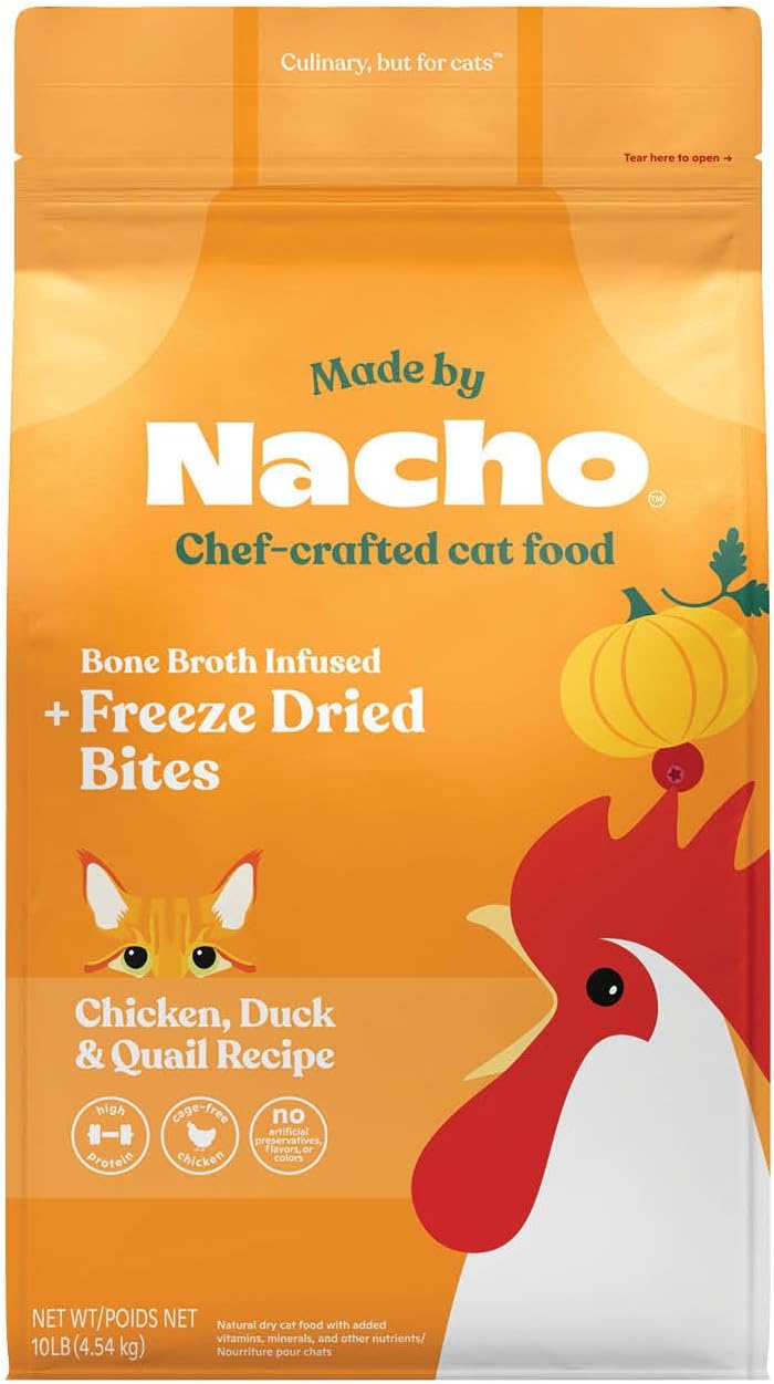 Made by Nacho Dry Cat Kibble 10lb Bag, High Protein Premium Cat Food with Freeze-Dried Pieces, Cage-Free Chicken, Duck & Quail, Limited Ingredients, Single Bag