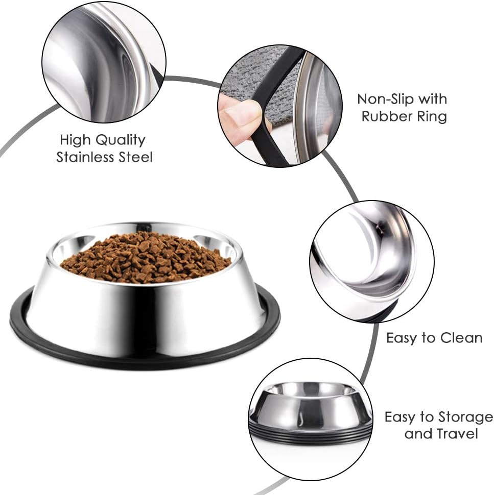 Stainless Steel Dog Bowls, 1 Cup/8oz Cat Bowl Water and Food with Rubber Base, Pet Bowls for Small Dogs, Cats, Puppy, Rabbit and Kitten, 2Pack