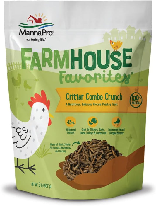 Manna Pro Farmhouse Favorites Critter Combo Crunch Poultry Treat - Protein Poultry Treat - Encourages Natural Foraging Behavior - 100% Natural Blend of Soldier Fly Larvae, Mealworms & Shrimp - 2lb Bag