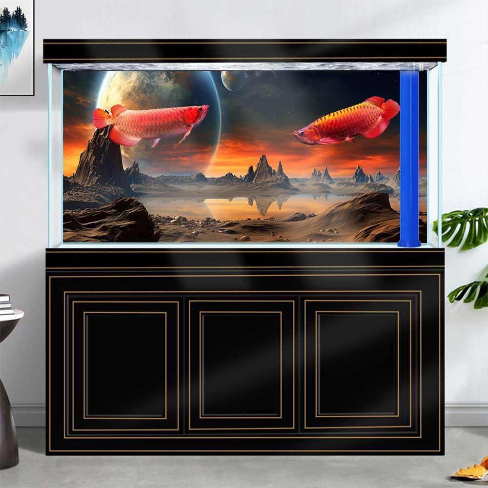 36X24IN Cosmic Aquarium Background, Cool Parallel Space Themed Fish Tank Background, Tropical Desert Terrarium Background with 8 EVA Double-Sided Tape