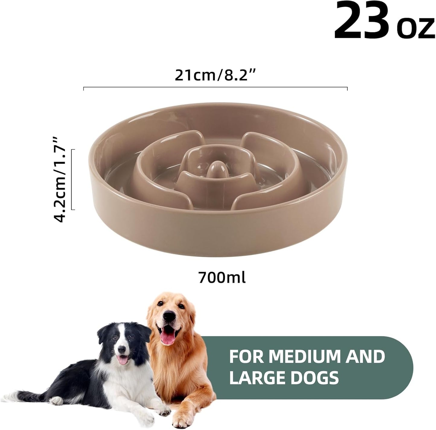 8.2inch Ceramic Slow Feeder Dog Bowl for Medium and Large Breed, Puzzle Dog Food Dish, Anti-Gulping, Pet Slow Feeder, Stop Bloat, Preventing Choking (Single Bowl-Brown Coffee)