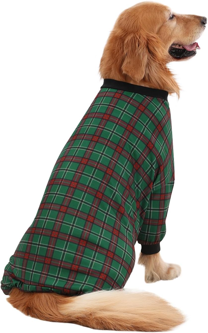 HDE Dog Pajamas One Piece Jammies Jumpsuit Pet Clothes Outfit Stretchy Lightweight Comfy Shirt Pjs for M-3XL Dogs Holiday Plaid - M